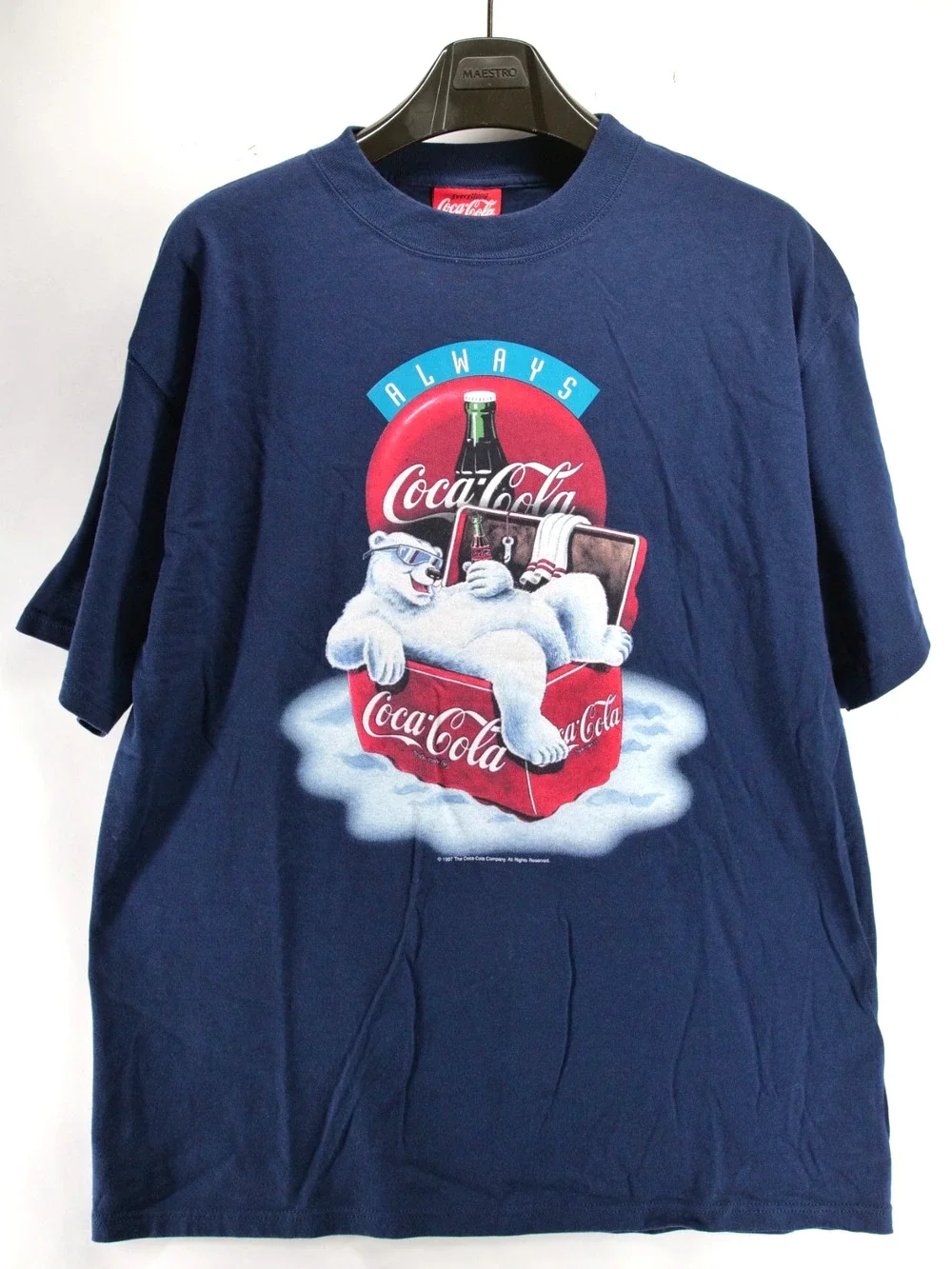 Vtg 1997 Coca Cola Polar Bear Cooler T Shirt Navy Blue Men's Large USA Made 90s